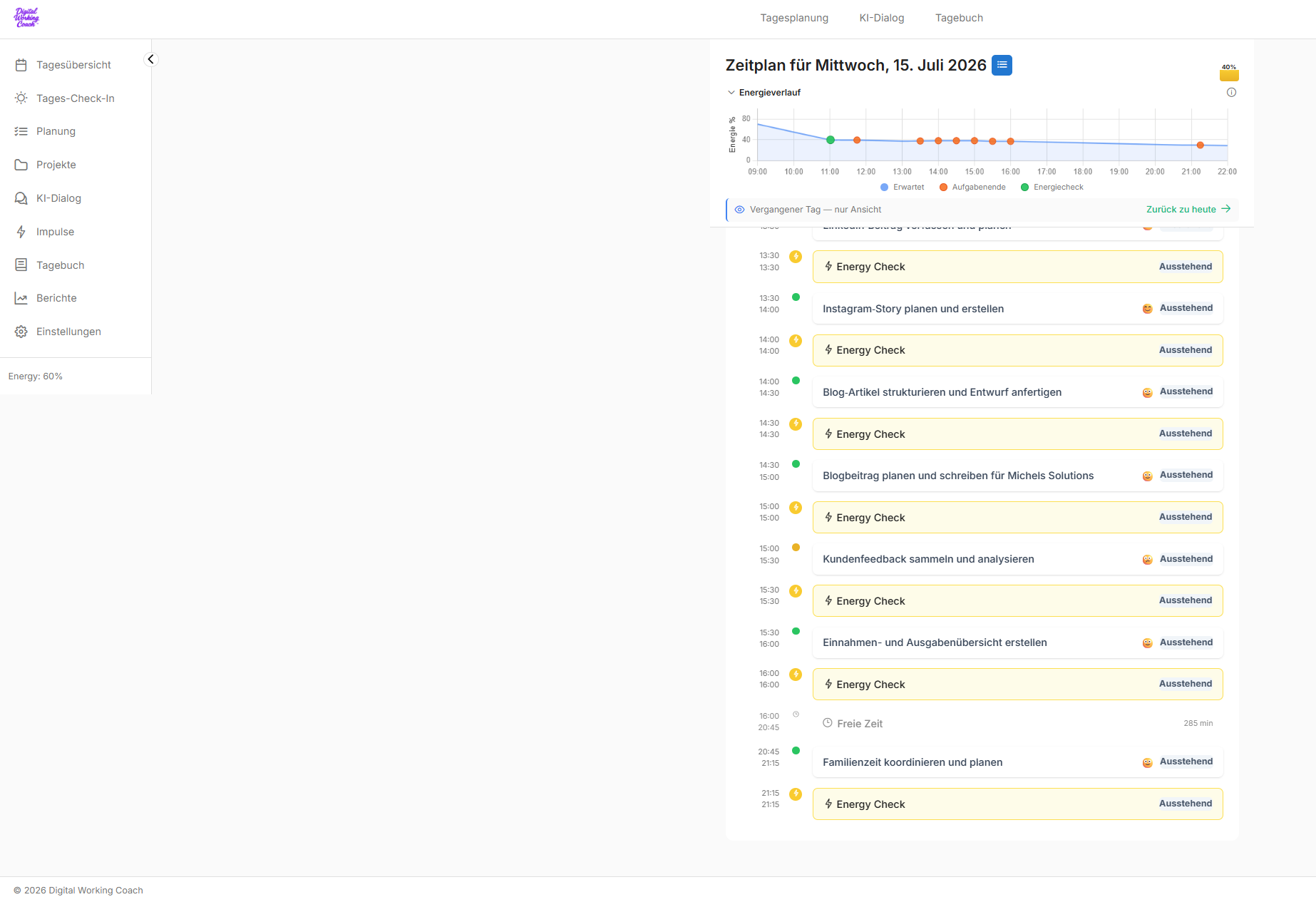 Desktop-Ansicht des Digital Working Coach mit Tagesübersicht, Aufgaben und Energie-Check