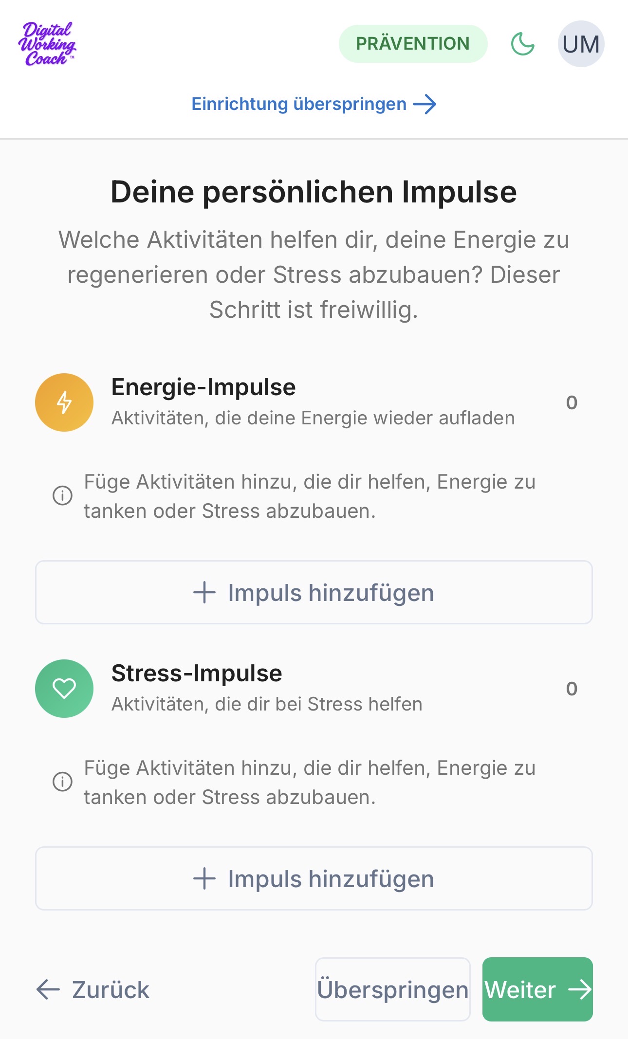 Erfassung von Energie- und Stressimpulsen im Digital Working Coach