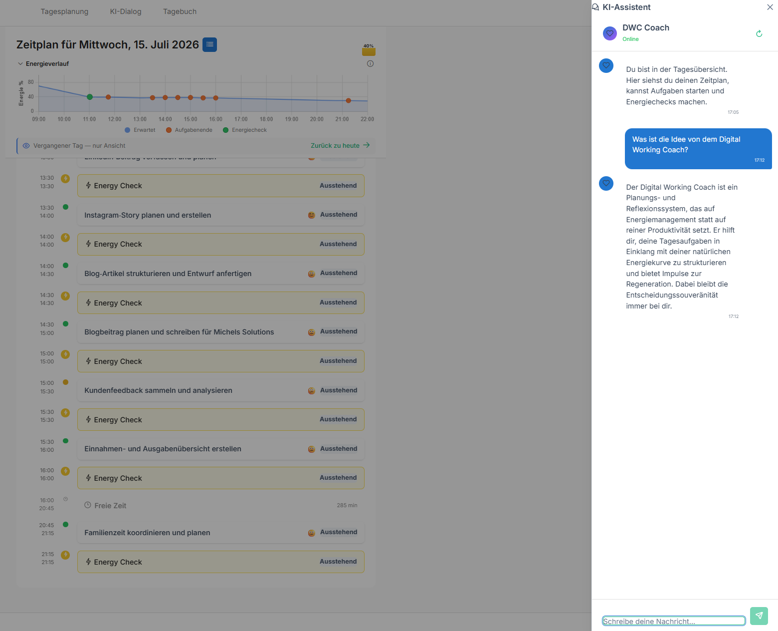 Dialogansicht des Digital Working Coach zur Unterstützung ausgewählter Funktionen