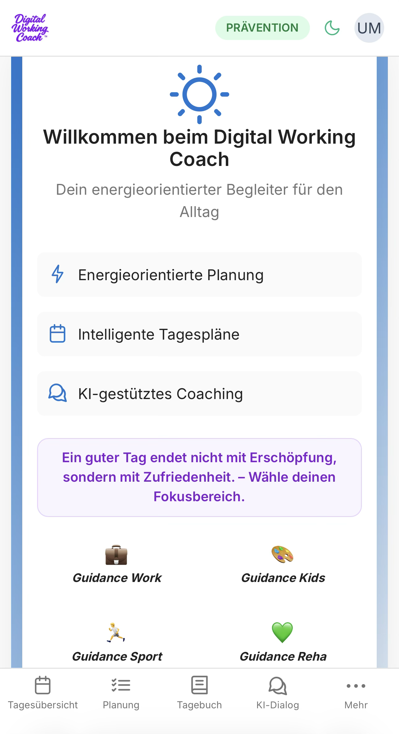 Mobile Startansicht des Digital Working Coach im Bereich Prävention
