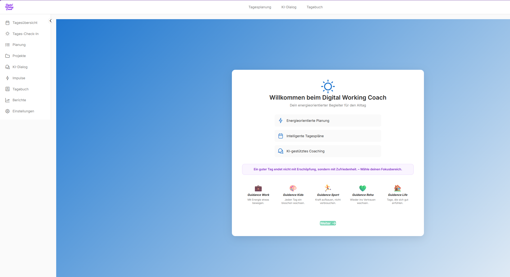 Startseite des Digital Working Coach mit der Auswahl verschiedener Lebensbereiche