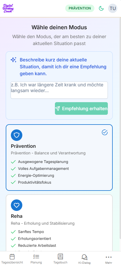 Unterstützung bei der Auswahl des passenden Modus