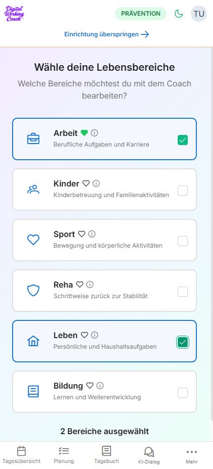 Auswahl der persönlichen Lebensbereiche