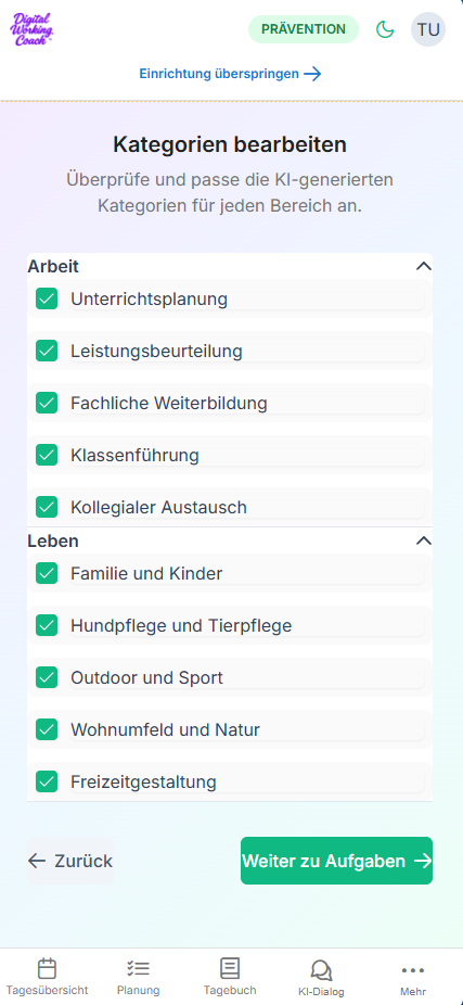 Bearbeitung der vorgeschlagenen Kategorien