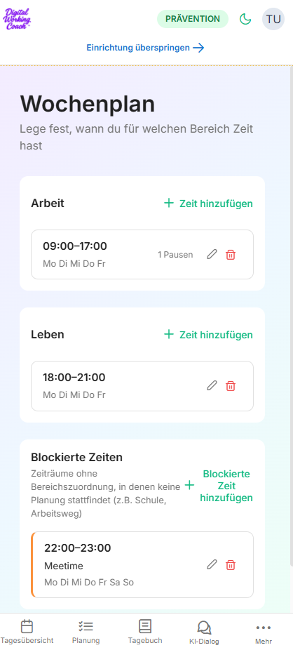 Übersicht der verfügbaren Wochenzeiten