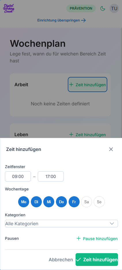 Festlegung von Wochenzeiten und blockierten Zeiträumen