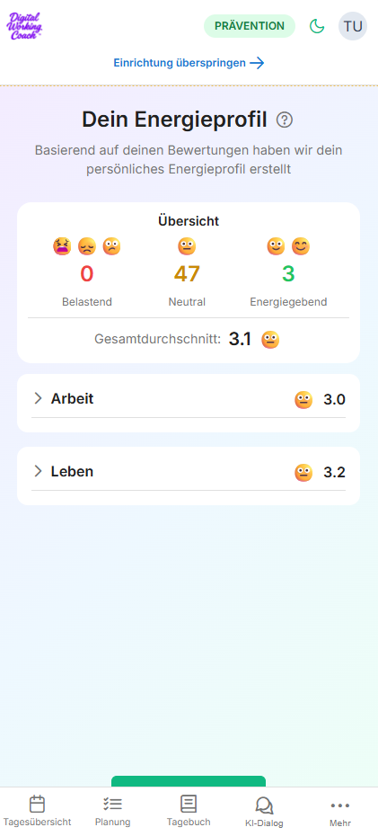 Persönliches Energieprofil im Digital Working Coach