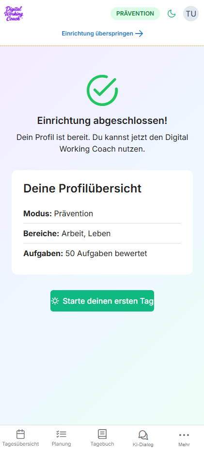 Erfolgreich abgeschlossenes persönliches Profil