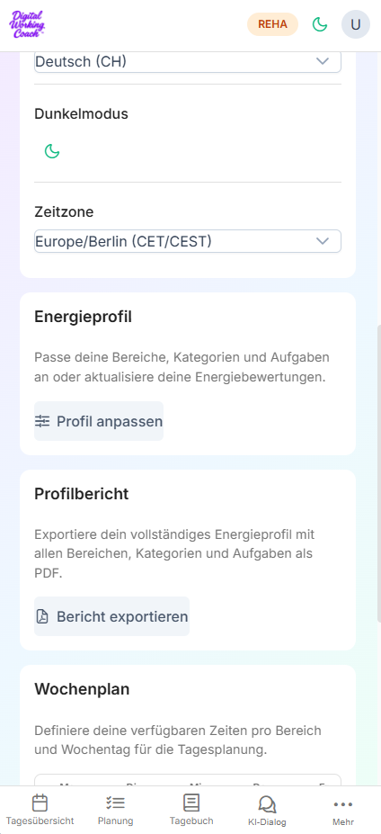 Energieprofil im Digital Working Coach aktualisieren