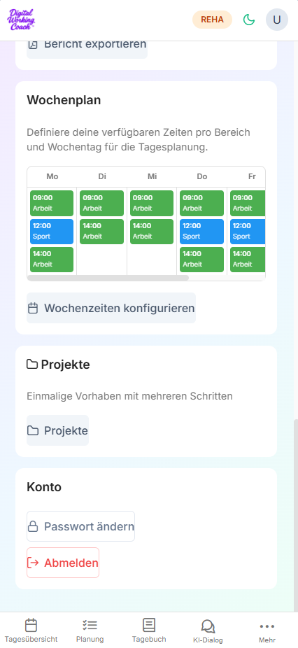 Wochenzeiten und Projekte im Digital Working Coach verwalten