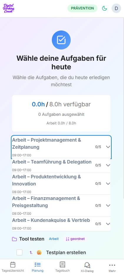 Aufgaben für den heutigen Tag auswählen